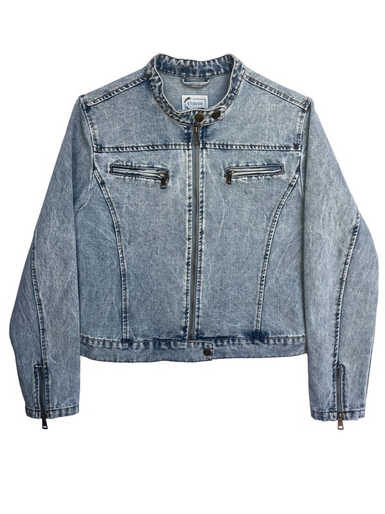 Cropped Acid Wash Denim Moto Jacket Blue L 100% Cotton - Picture 2 of 9